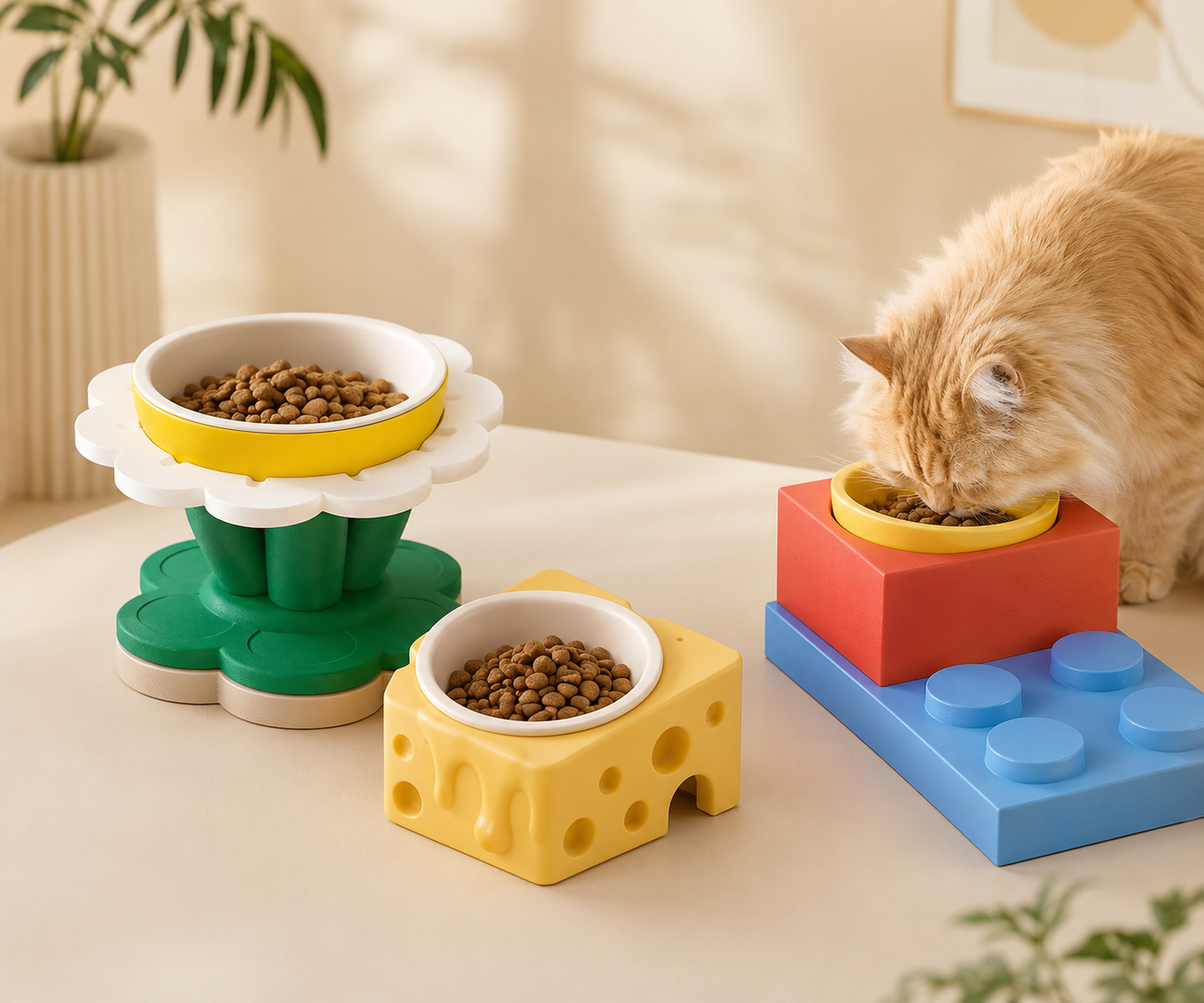 Bộ bát ăn cho mèo in 3D thiết kế sáng tạo gồm bát hình bông hoa, miếng phô mai và khối lego màu sắc giúp mèo ăn uống chống mỏi cổ.