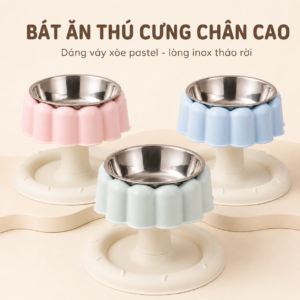 Bát ăn thú cưng chân cao kiểu bánh pudding, lòng inox dễ vệ sinh, phù hợp cho mèo và chó nhỏ.