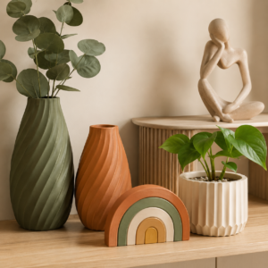 Đồ decor in 3D cho không gian sống như bình hoa, chậu cây, đèn decor và vật trang trí nhà cửa. Thiết kế hiện đại, tối giản, dễ phối với nhiều phong cách nội thất.
