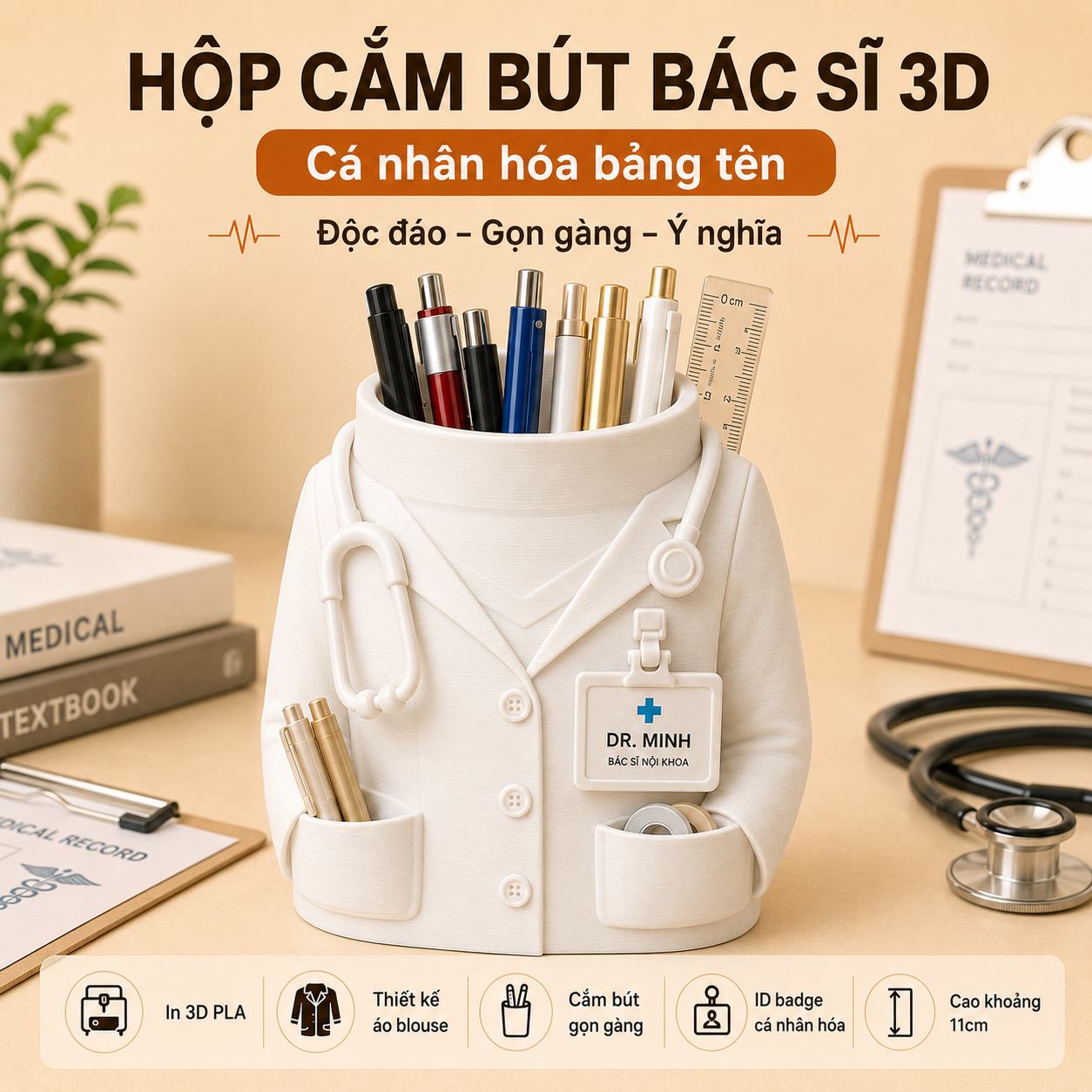 Hộp cắm bút bác sĩ cá nhân hóa in 3D quà ngành y