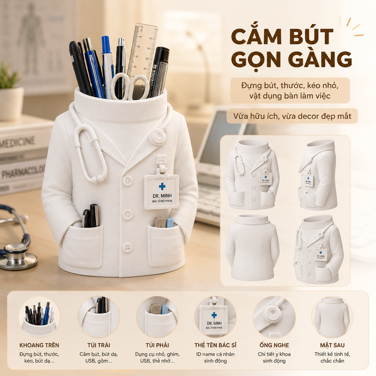 Hộp cắm bút bác sĩ cá nhân hóa in 3D quà ngành y - Ảnh 2