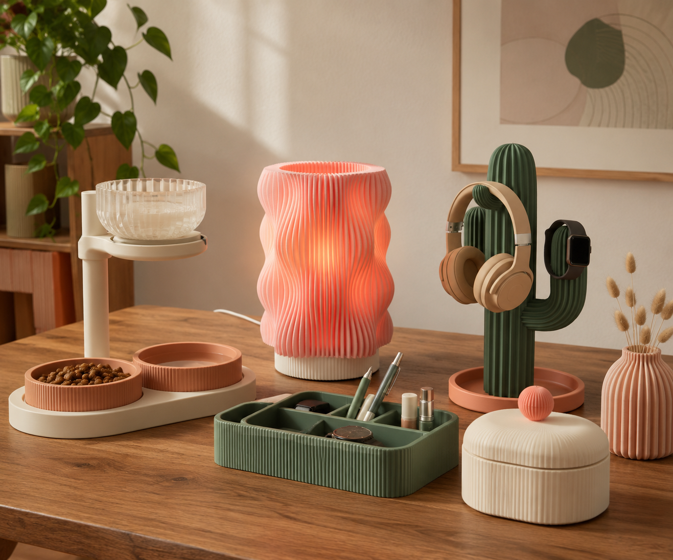 Bộ sản phẩm decor in 3D phong cách Pastel gồm giá treo tai nghe hình xương rồng, đèn bàn hiệu ứng sóng nước màu hồng san hô, khay chia ngăn và bát ăn thú cưng đa tầng.