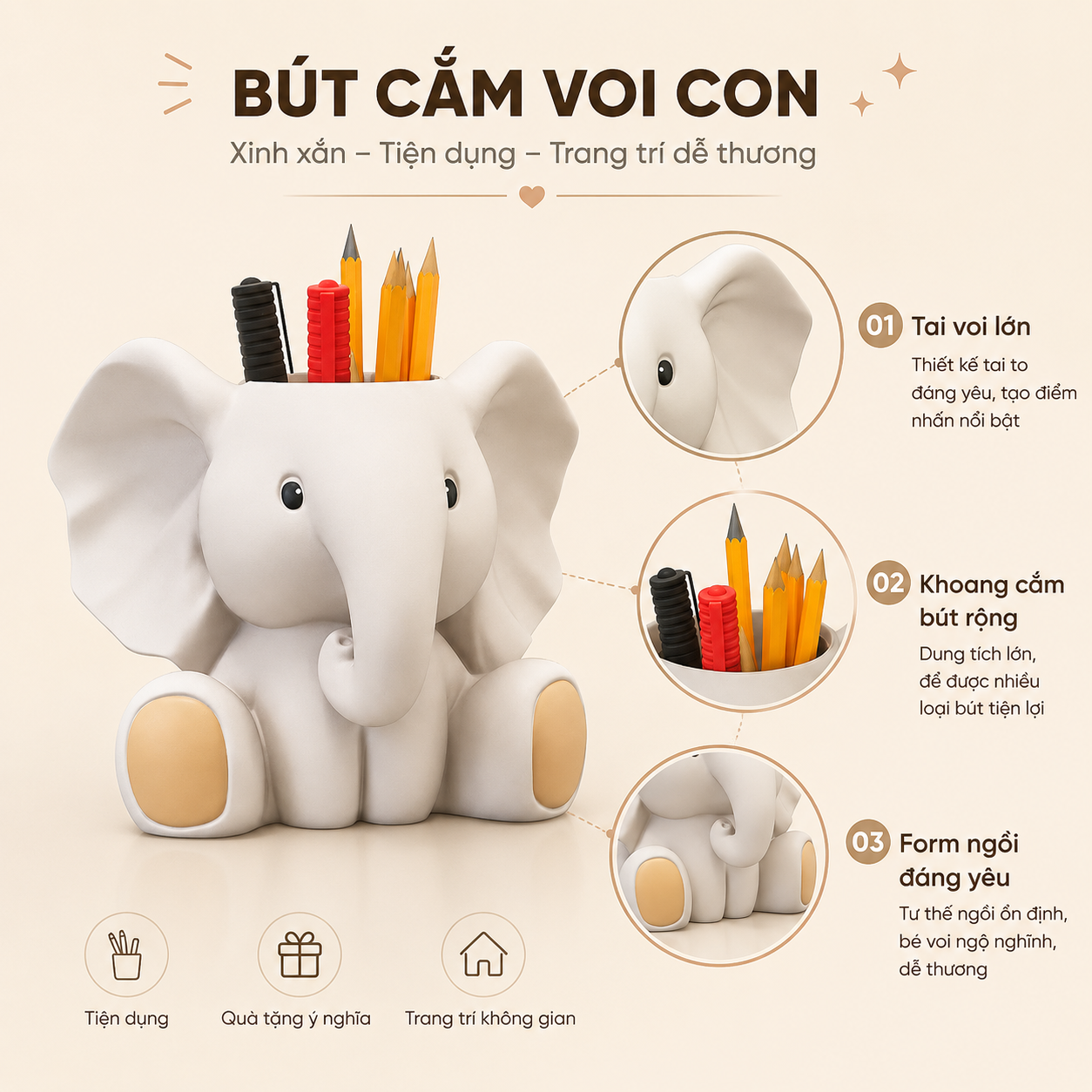 Hộp Cắm Bút Hình Voi In 3D Decor Bàn Học Hộp Cắm Bút Hình Voi In 3D Decor Bàn Học - Ảnh 3