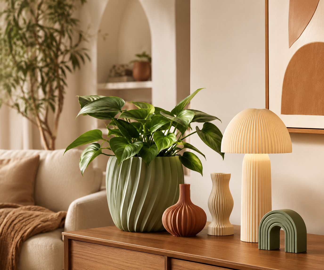 Bộ sản phẩm decor in 3D phong cách Japandi gồm chậu cây màu xanh rêu, đèn bàn nấm pleated, bình hoa gốm giả 3D và khối vòm trang trí.