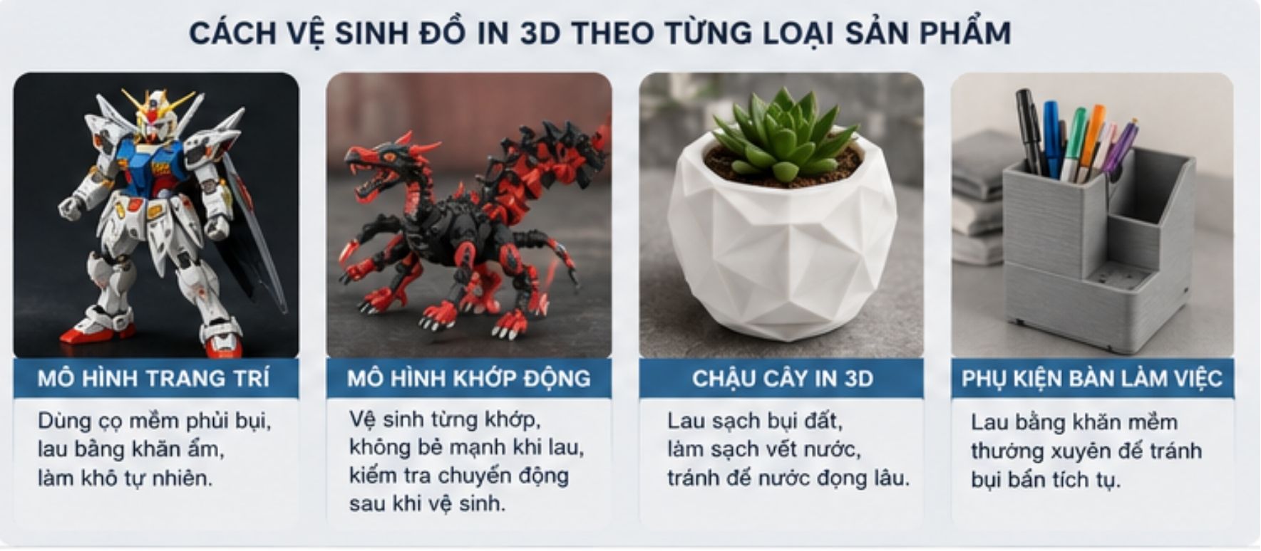Cách Vệ Sinh Đồ in 3D Đúng Cách Giúp Sản Phẩm Luôn Bền Đẹp Như Mới Vệ sinh mô hình trang trí, mô hình khớp động, chậu cây và phụ kiện bàn làm việc