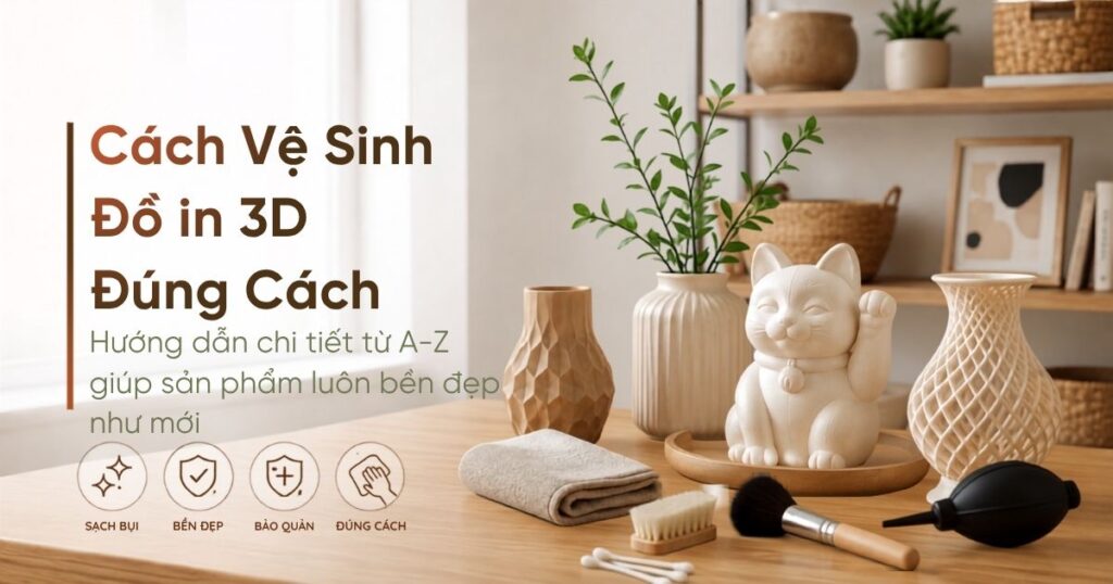 Ảnh bìa hướng dẫn cách vệ sinh đồ in 3D đúng cách với mô hình mèo thần tài, bình hoa in 3D và các dụng cụ vệ sinh như khăn microfiber, cọ lông mềm, tăm bông và bình xịt khí nén.