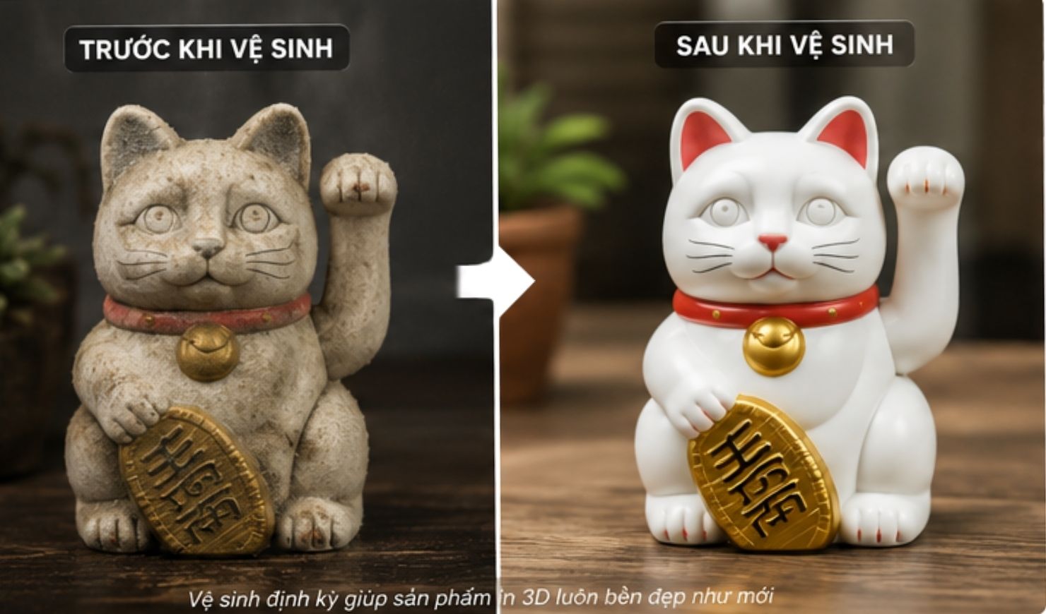 Cách Vệ Sinh Đồ in 3D Đúng Cách Giúp Sản Phẩm Luôn Bền Đẹp Như Mới Trước và sau khi vệ sinh mô hình mèo thần tài in 3D, minh họa cách vệ sinh đồ in 3D đúng cách giúp sản phẩm luôn bền đẹp như mới.