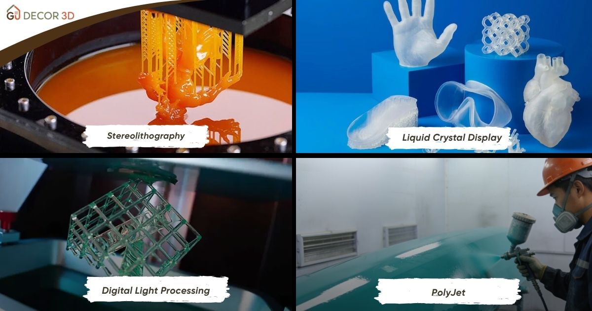 Resin Là Chất Liệu Gì? Toàn Tập Về Nhựa Resin In 3D Trực quan hóa resin là chất liệu gì thông qua 4 công nghệ in 3D Resin thịnh hành nhất: Stereolithography, Liquid Crystal Display, Digital Light Processing và PolyJet.