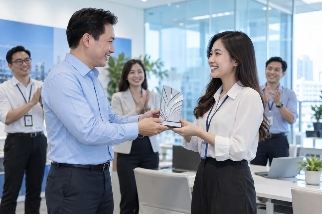 Quà tặng khắc tên vinh danh nhân viên Quà tặng khắc tên vinh danh nhân viên: quản lý trao kỷ niệm chương in 3D màu bạc tại văn phòng