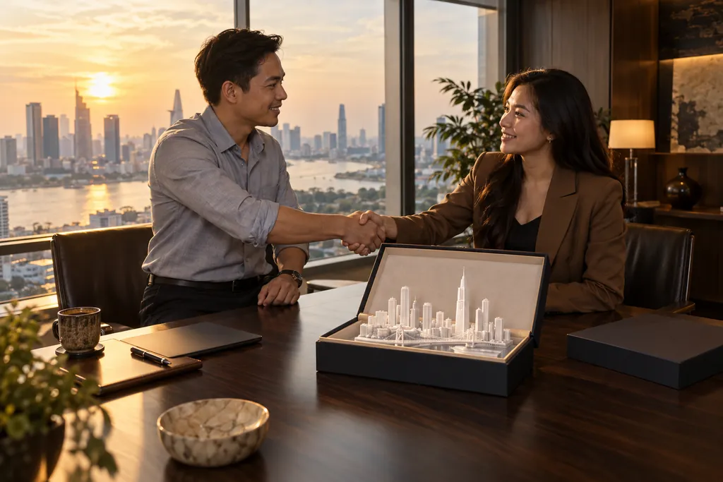 Quà tặng kỷ niệm đối tác mô hình in 3D Quà tặng kỷ niệm cho đối tác: hộp quà mô hình thành phố in 3D trên bàn họp