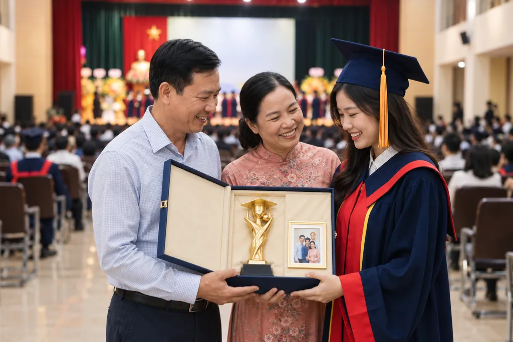 Quà tặng lễ tốt nghiệp bố mẹ tặng con Quà tặng lễ tốt nghiệp: bố mẹ trao hộp quà có cúp in 3D cho con tại hội trường