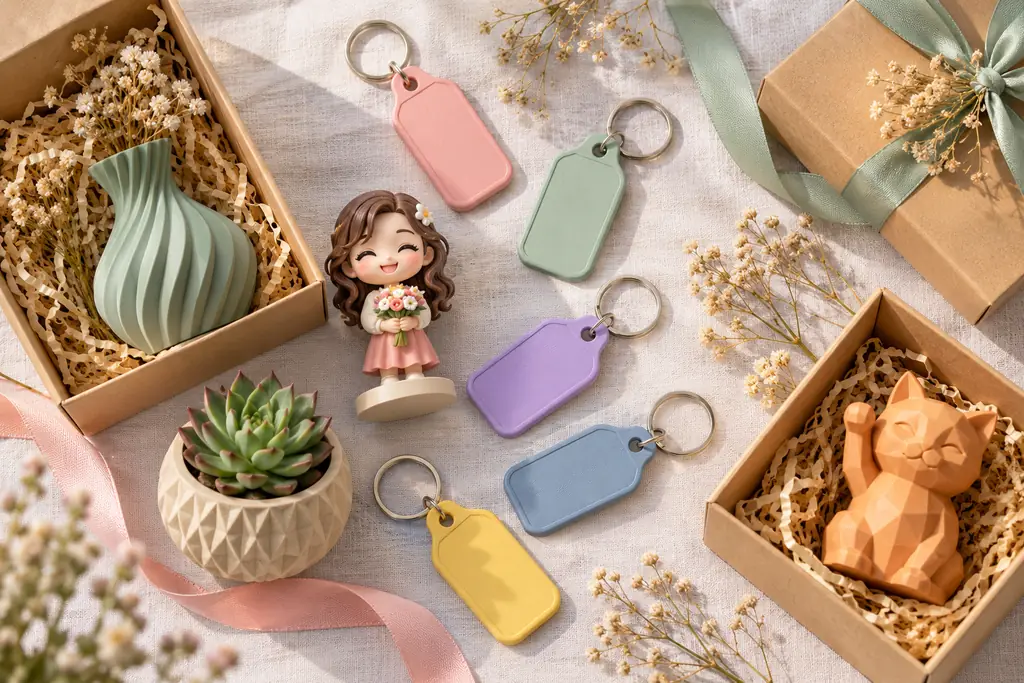 Quà tặng lưu niệm in 3D cá nhân hóa Quà tặng lưu niệm in 3D: móc khóa in tên, tượng nhỏ, bình hoa và chậu cây mini trong hộp quà