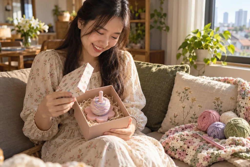 Quà tặng sinh nhật cho nữ giá đỡ len Quà tặng sinh nhật cho nữ: cô gái mở hộp quà có giá đỡ len in 3D bên những cuộn len