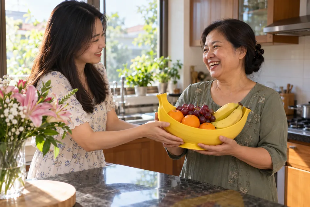 Quà tặng sinh nhật mẹ khay trái cây Quà tặng sinh nhật mẹ: con gái tặng mẹ khay trái cây hình nải chuối trong gian bếp