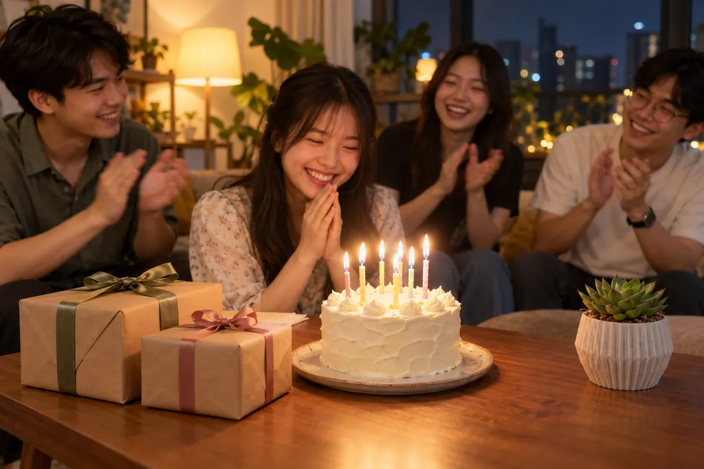 Quà tặng sinh nhật tại nhà Quà tặng sinh nhật: bàn tiệc với bánh kem, hộp quà giấy kraft và chậu sen đá in 3D giữa nhóm bạn
