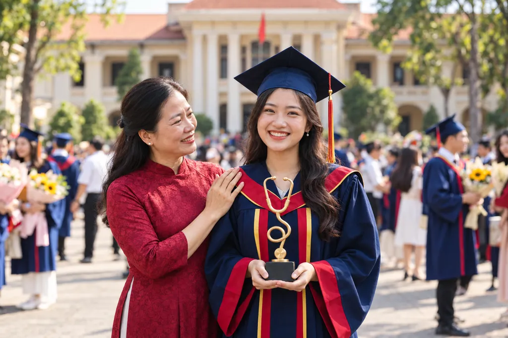 Quà tặng tốt nghiệp cúp in 3D hình ống nghe Quà tặng tốt nghiệp: tân bác sĩ cầm cúp in 3D hình ống nghe cùng mẹ trong ngày lễ ra trường