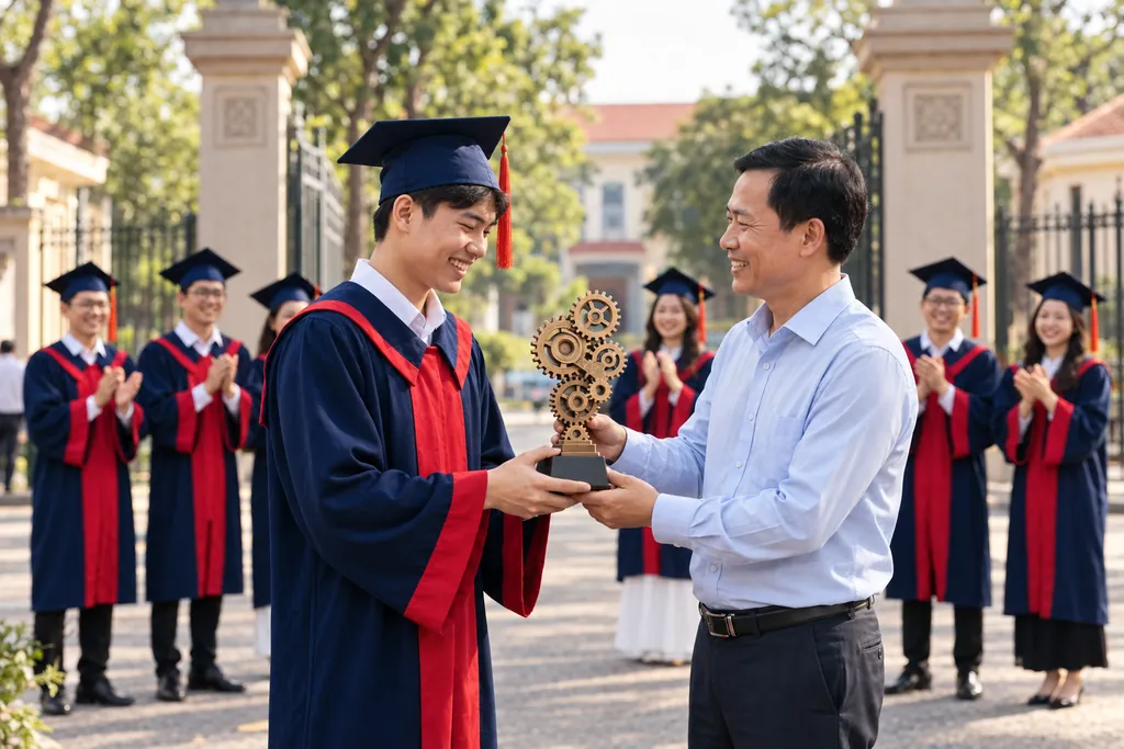 Quà tặng tốt nghiệp đại học cúp bánh răng in 3D Quà tặng tốt nghiệp đại học: bố trao cúp bánh răng in 3D cho con trai tân kỹ sư ở cổng trường