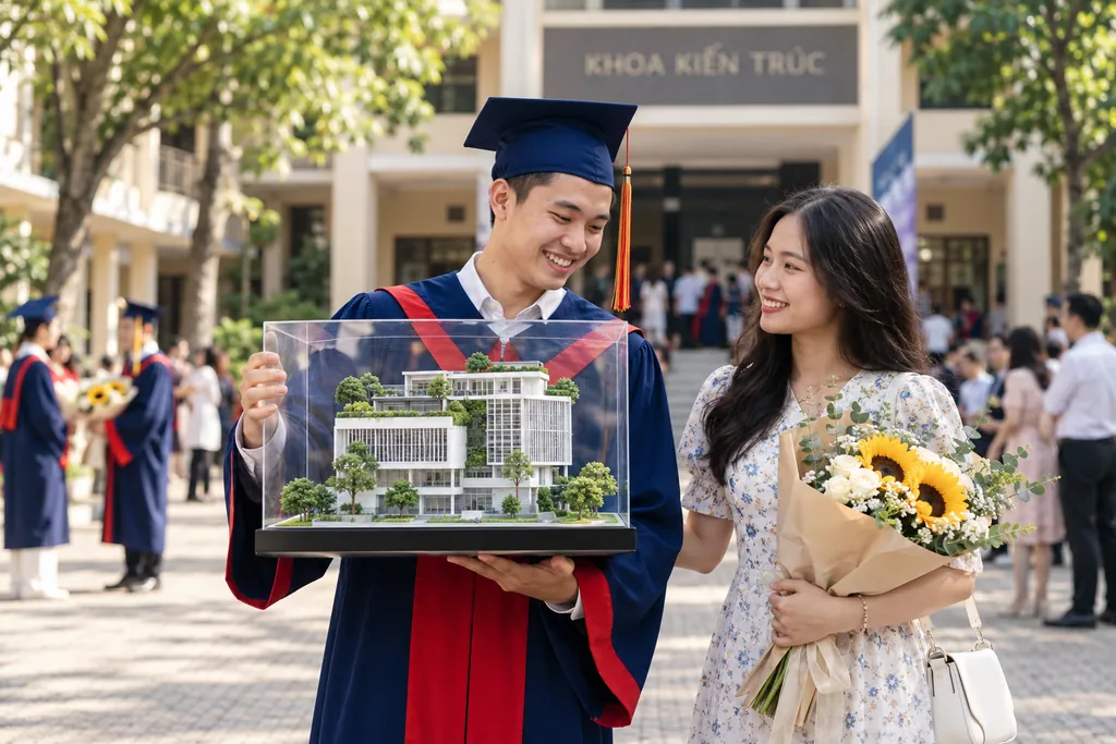 Tặng quà tốt nghiệp cho nam mô hình đồ án in 3D Tặng quà tốt nghiệp cho nam: tân kiến trúc sư cầm mô hình đồ án in 3D trong hộp mica