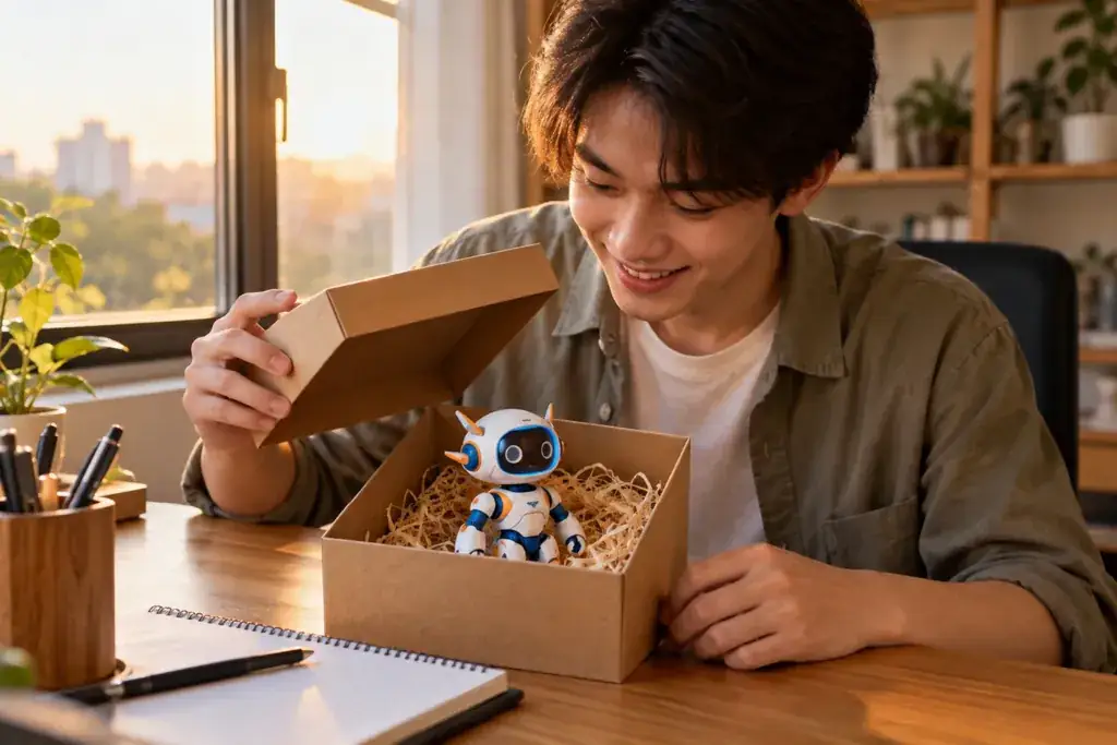 In 3D mô hình nhân vật làm quà Mô hình robot in 3D trong hộp quà trên bàn học
