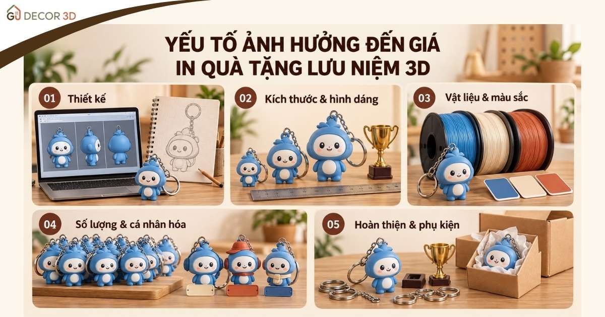 Năm yếu tố ảnh hưởng đến giá in quà tặng lưu niệm 3D: thiết kế, kích thước, vật liệu, số lượng và hoàn thiện.