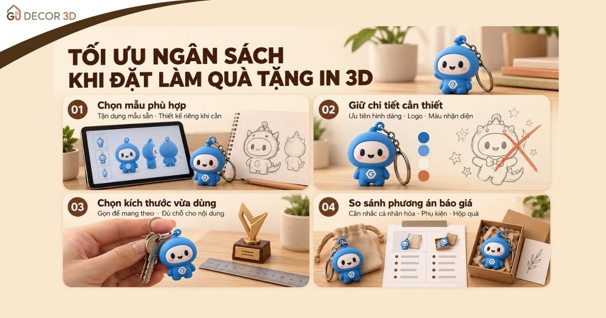 Bốn cách tối ưu ngân sách in quà tặng lưu niệm 3D: chọn mẫu phù hợp, giản lược chi tiết, chọn kích thước và so sánh báo giá.
