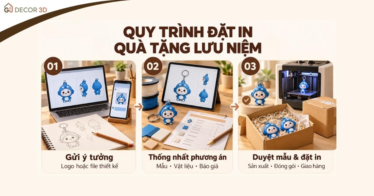 Quy trình in quà tặng lưu niệm tại GU DECOR 3D gồm gửi ý tưởng, thống nhất phương án, duyệt mẫu và sản xuất giao hàng.