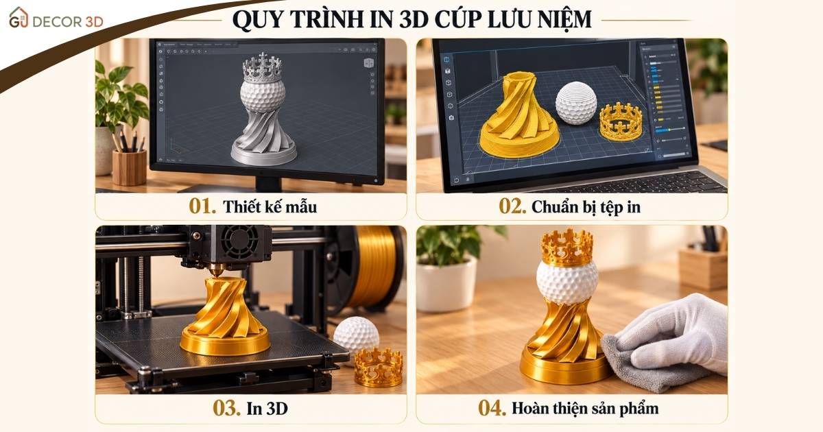 Minh họa quy trình in quà tặng lưu niệm 3D dạng cúp: thiết kế mẫu, chuẩn bị tệp in, in và hoàn thiện sản phẩm.
