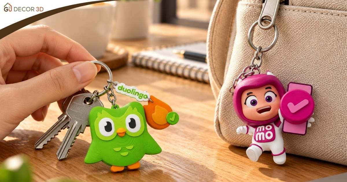 Minh họa quà lưu niệm in 3D: móc khóa mascot Duolingo gắn với chìa khóa và mascot MoMo gắn trên túi.